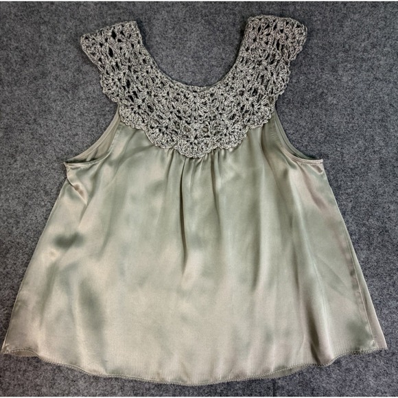 Silk Sleeveless Oyster Grey Blouse Size M Crochet/Beaded Collar Luxury - Picture 3 of 9